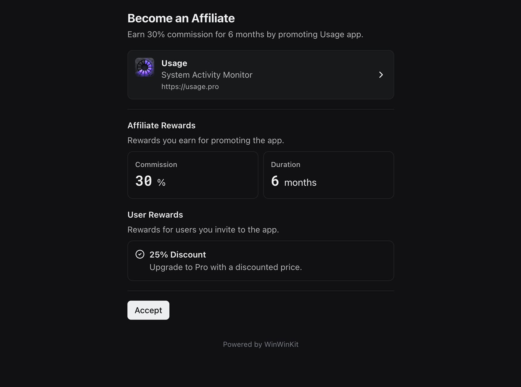 WinWinKit dashboard showing affiliates form