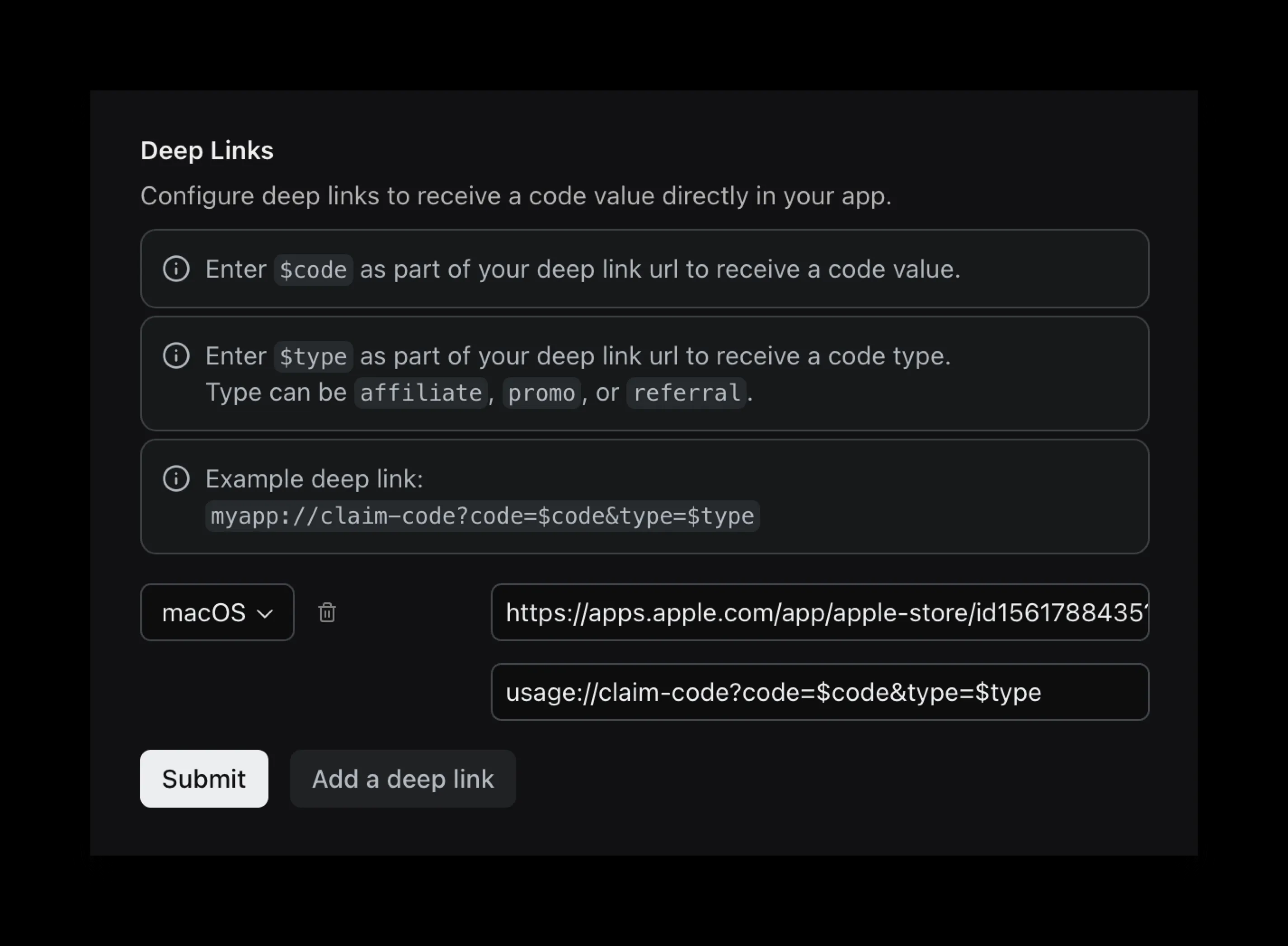 Code Link Deep Links