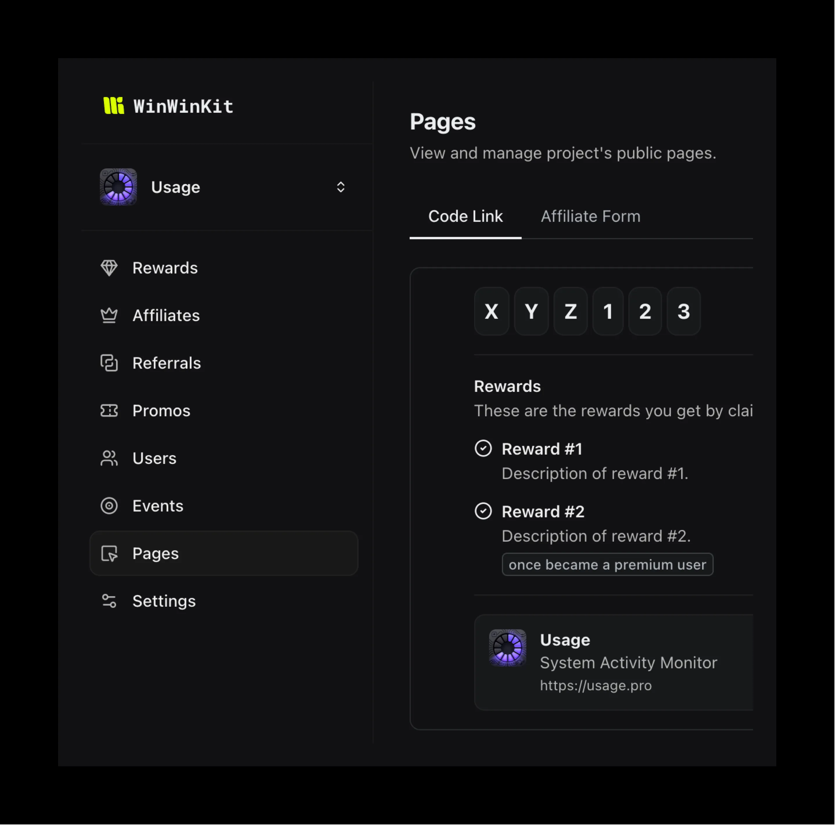 WinWinKit screenshot with deep links for the Usage app
