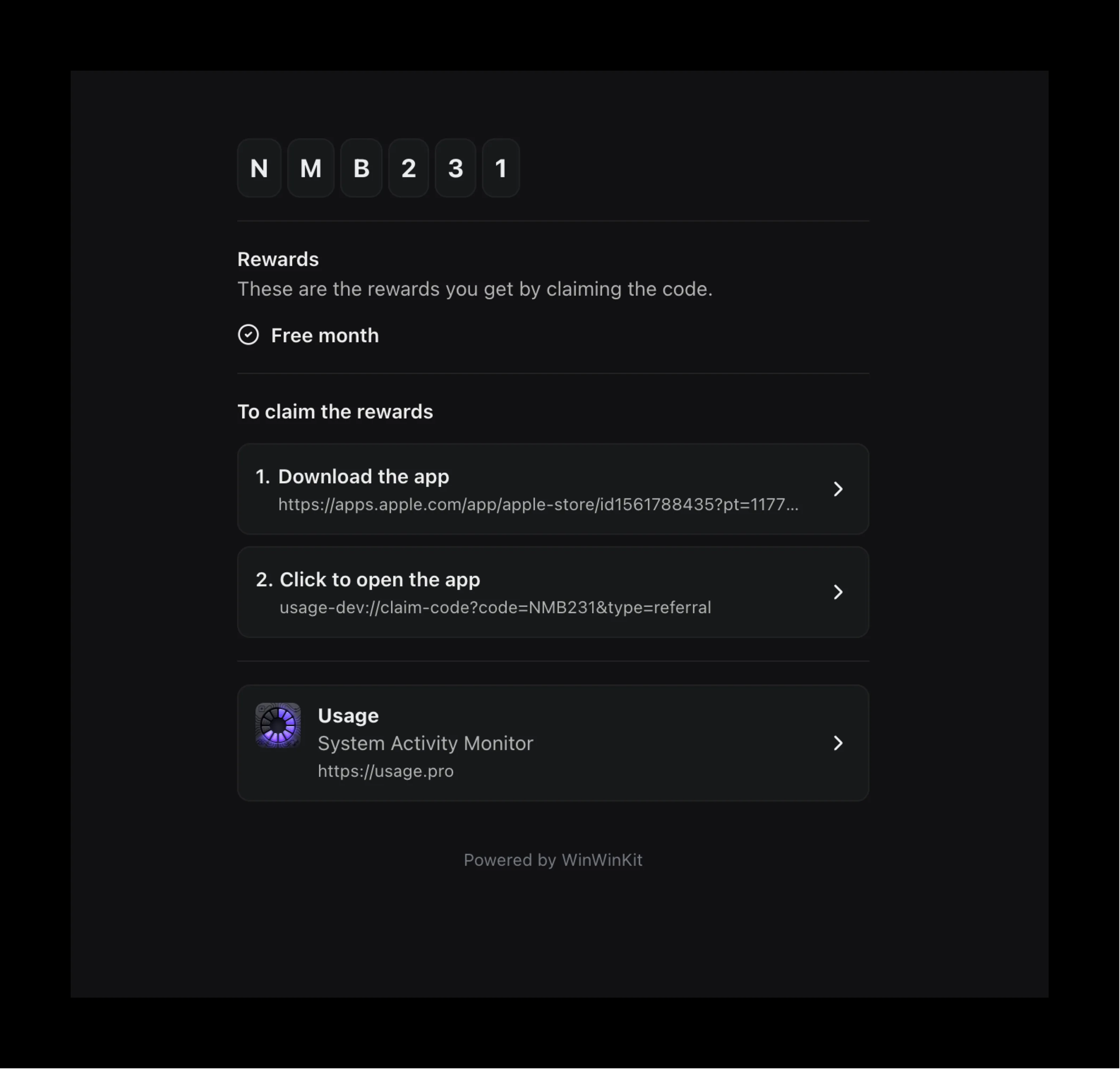 WinWinKit screenshot with deep links for the Usage app