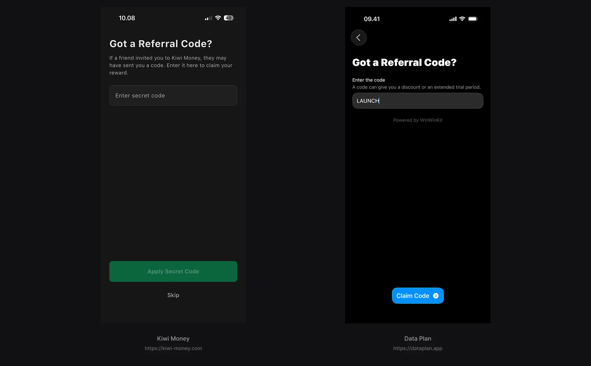 Screenshot of Kiwi Money and Data Plan onboarding step for claiming a referral code