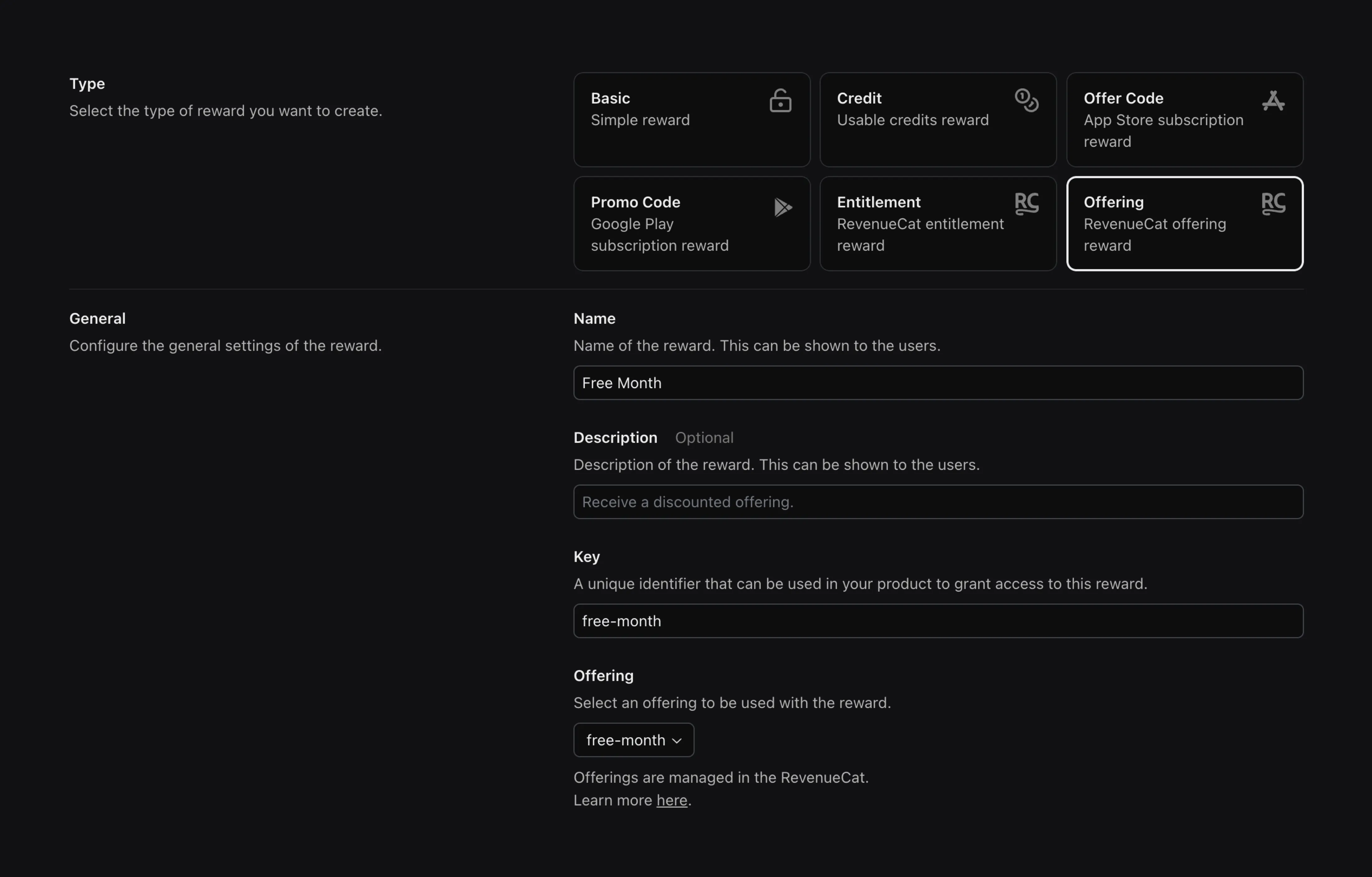 Creating RevenueCat Offering reward in WinWinKit