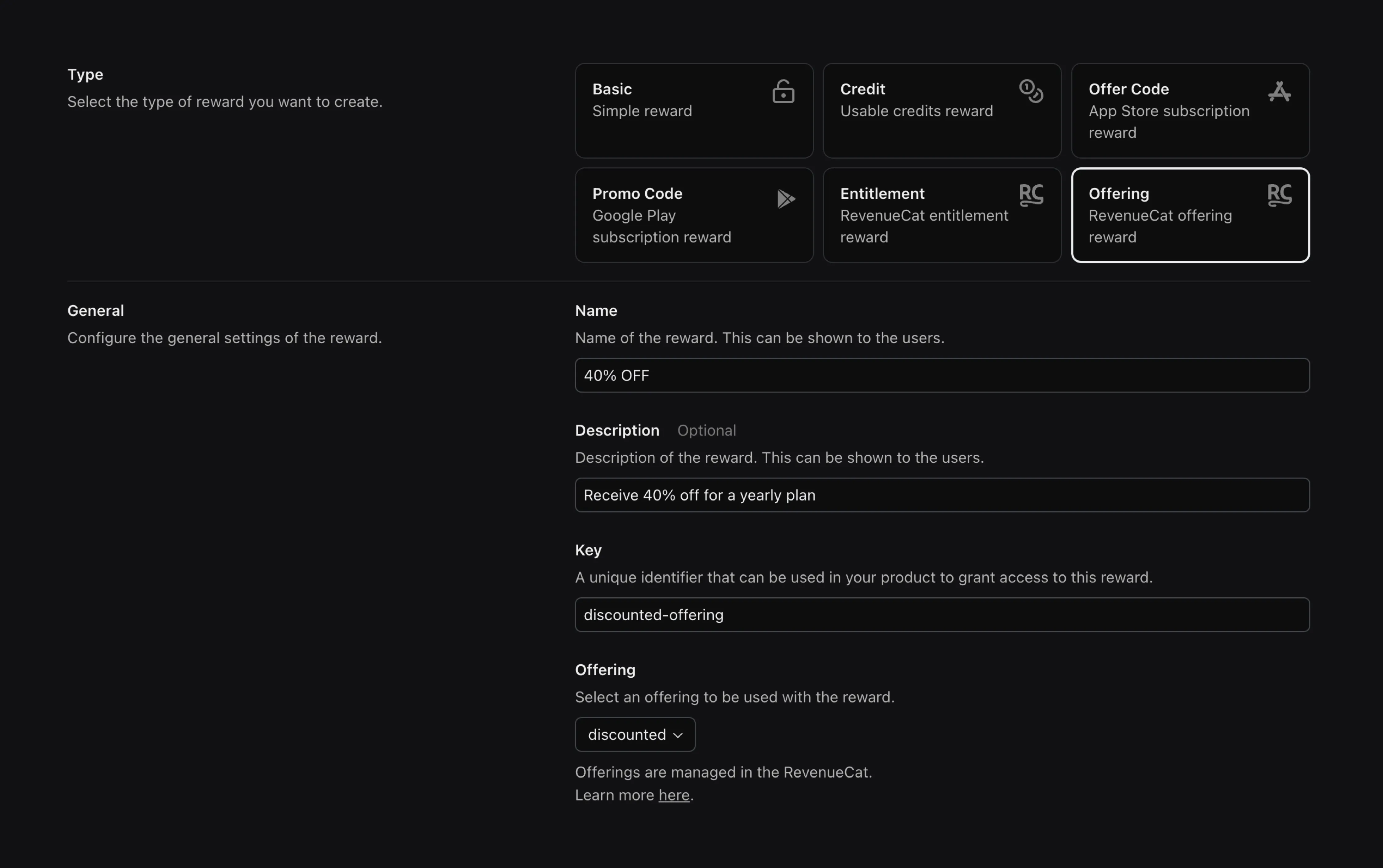 Create RevenueCat offering reward